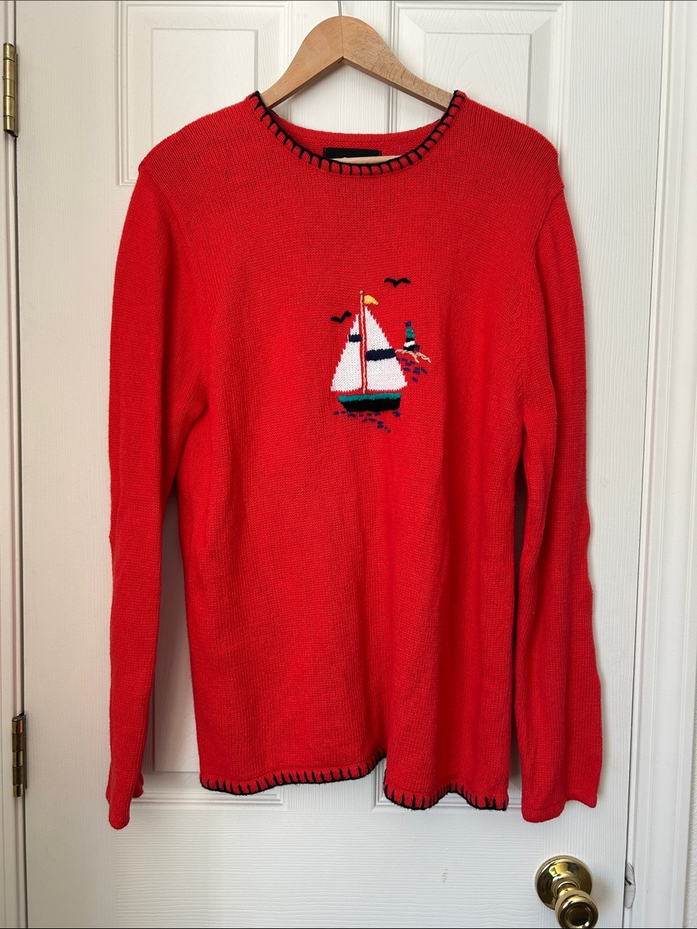 Sag Harbor Red Sailboat Crewneck Sweater with Black Trim
